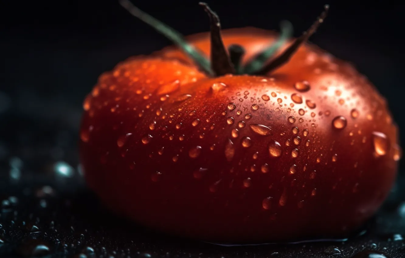 Photo wallpaper drops, macro, the dark background, moisture, food, tomatoes, tomatoes, juicy