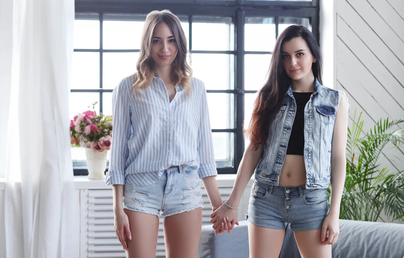 Photo wallpaper shorts, girls, young, beautiful, long-haired, tank top