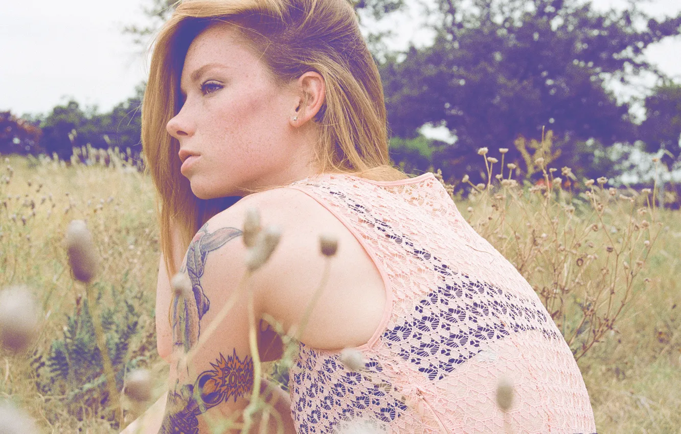 Photo wallpaper girl, grass, bra, blouse, field, woman, model, tattoo