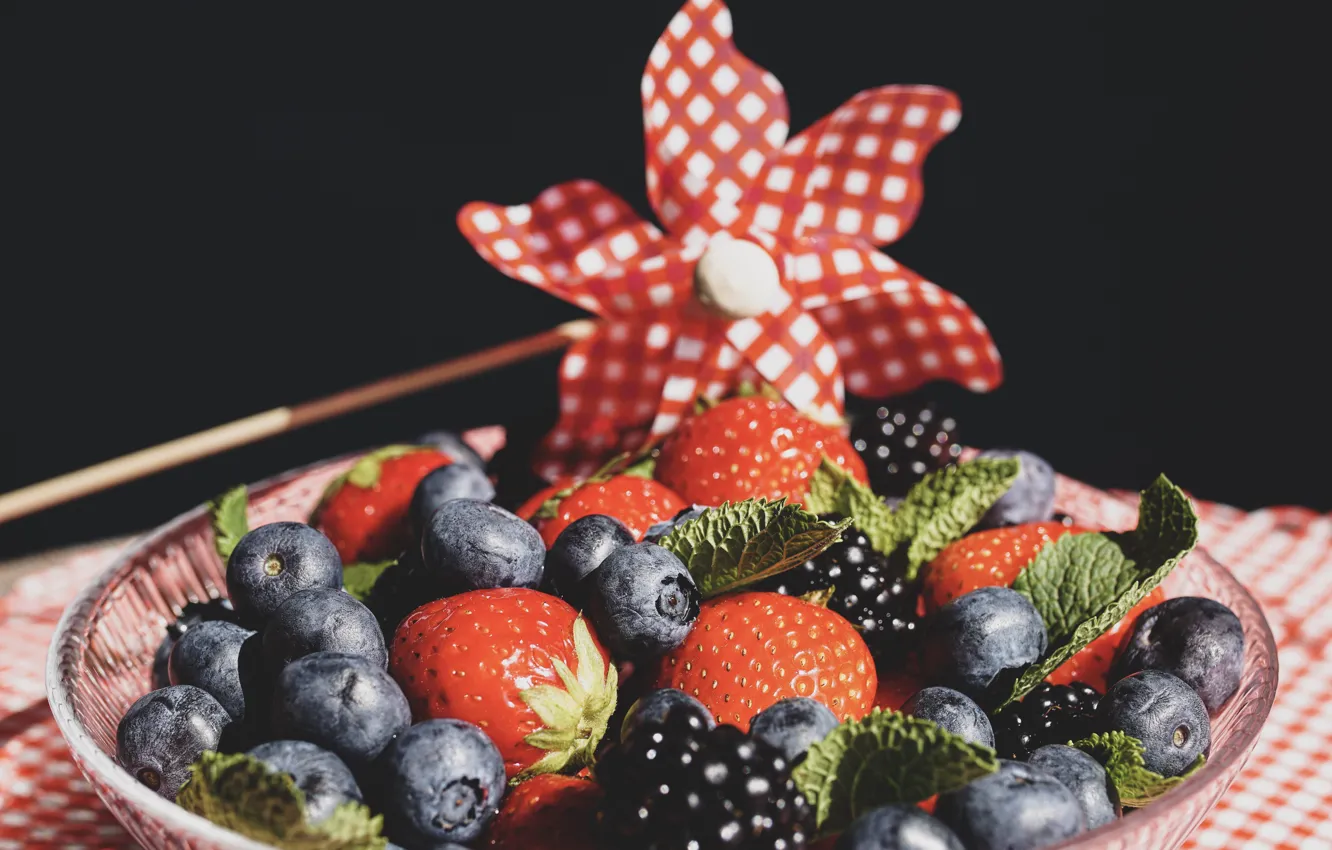 Photo wallpaper berries, strawberry, bow, BlackBerry, blueberries