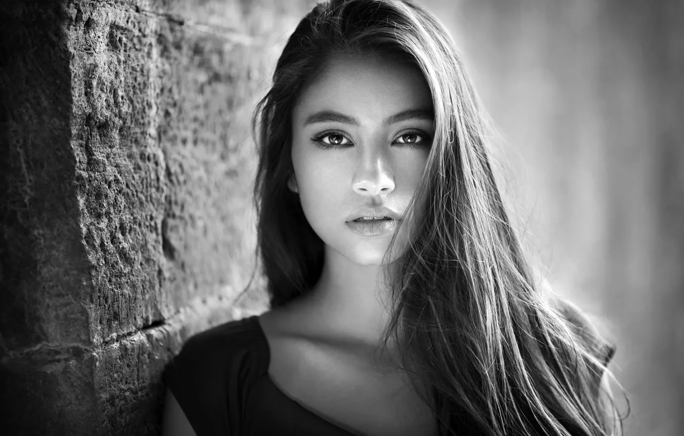 Photo wallpaper look, background, wall, model, portrait, makeup, hairstyle, black and white