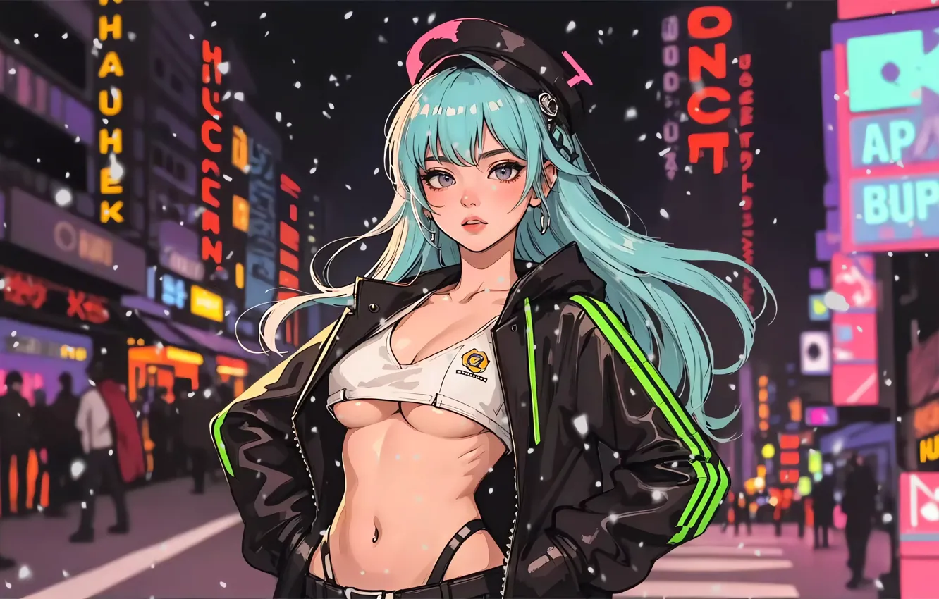 Photo wallpaper cleavage, long hair, city lights, street, digital art, artwork, Big boobs, Underboob
