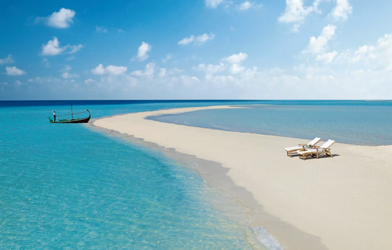 Photo wallpaper sand, sea, beach, the sky, the ocean, boat, braid, The Maldives