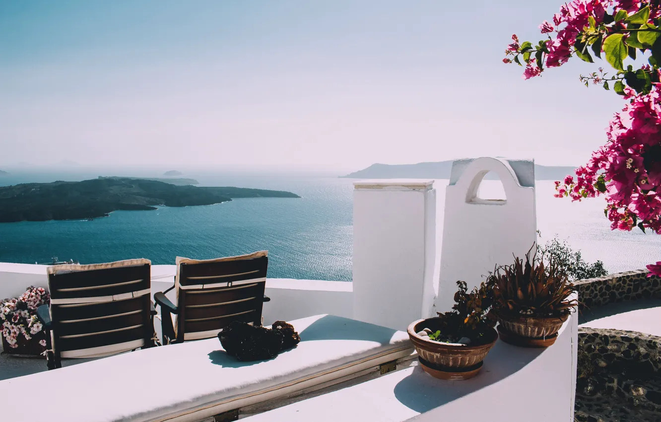 Photo wallpaper sea, branches, island, chair, pot, veranda, manure