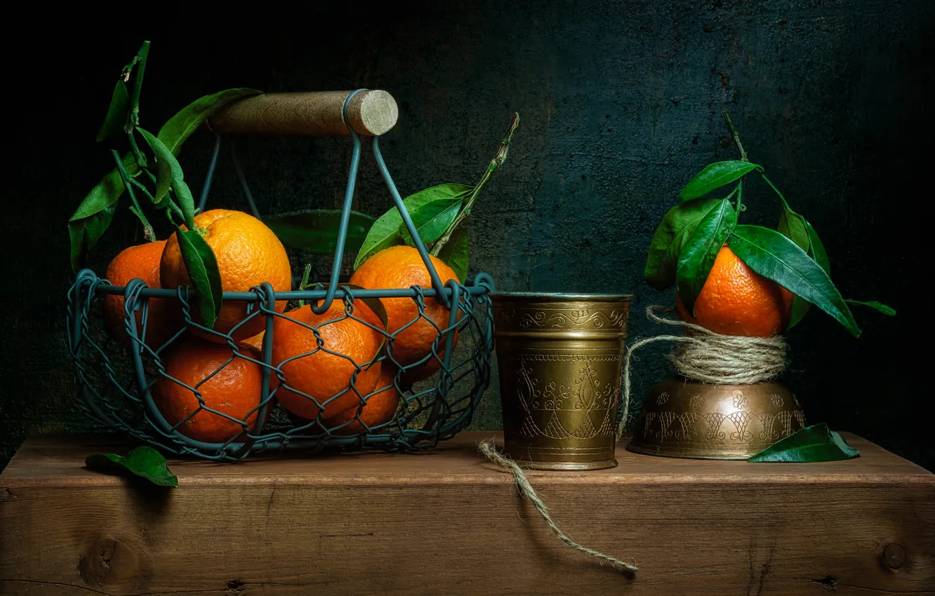 Photo wallpaper leaves, glass, orange, still life, basket