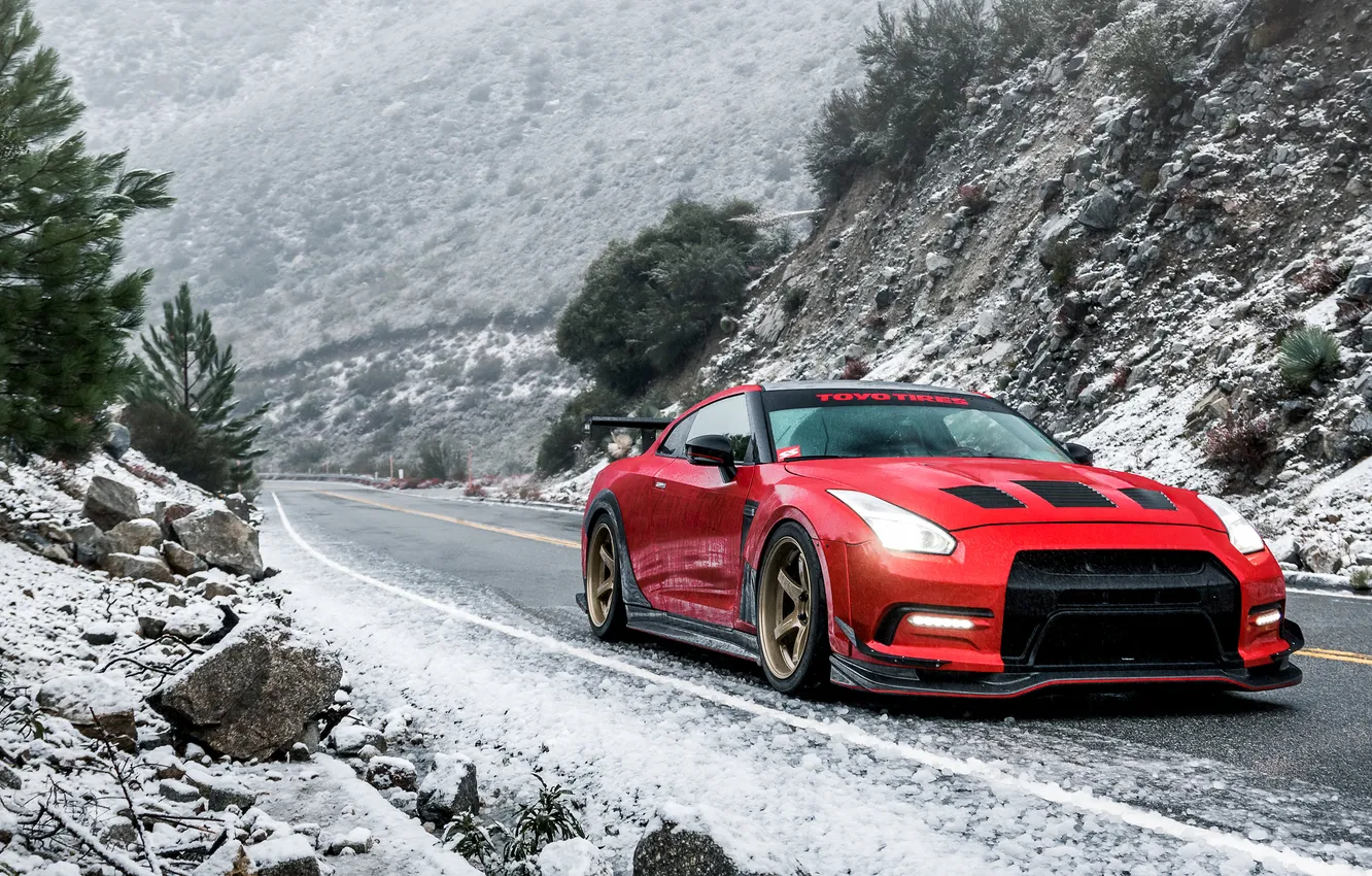 Photo wallpaper road, snow, red, slope, Nissan, Nissan GT-R