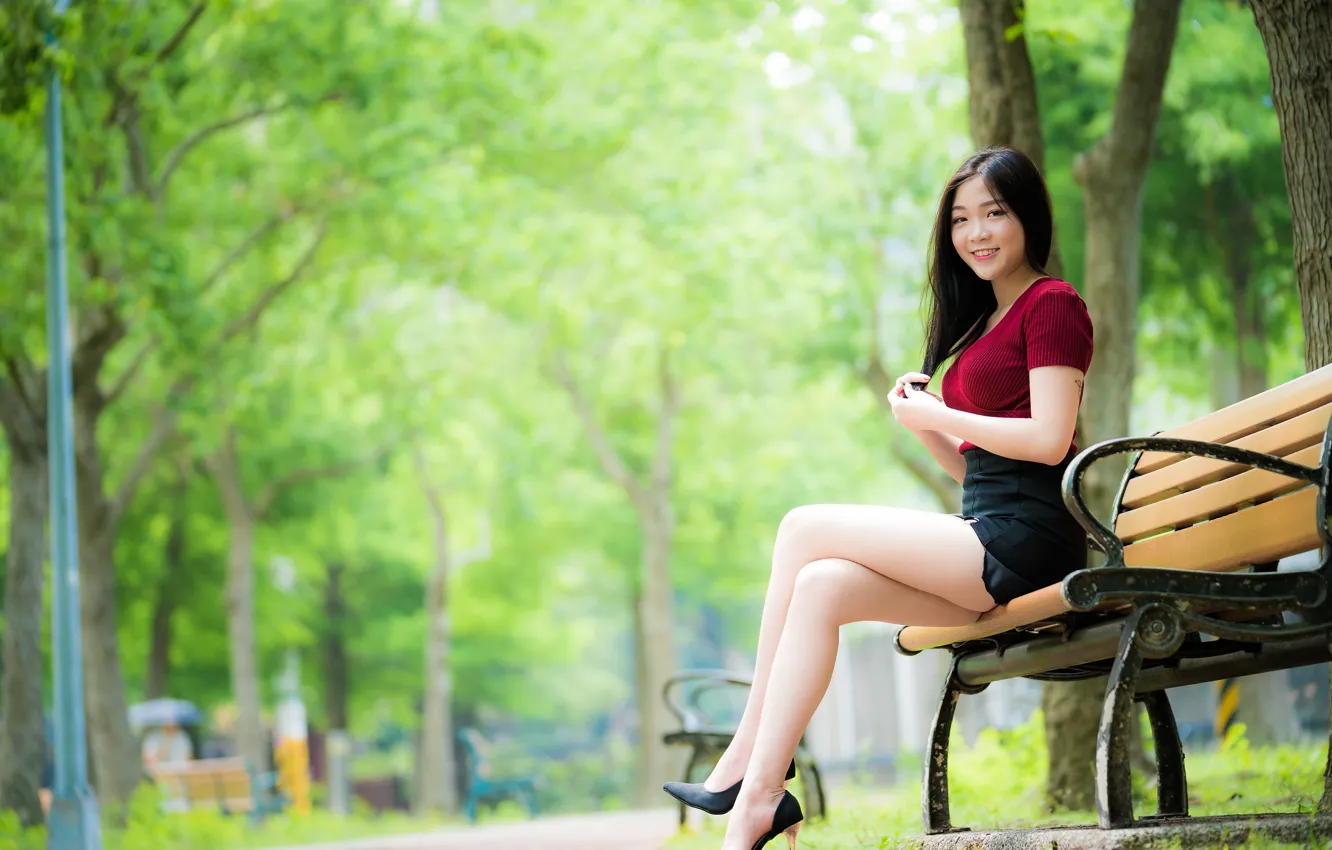 Wallpaper Girl Shoes Smile Park Asian Cutie Bench Bokeh For Mobile And Desktop Section 9874