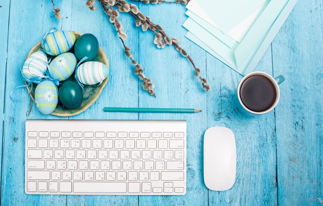 Photo wallpaper blue, the envelope, mug, holiday, Easter, blue background, mouse, keyboard