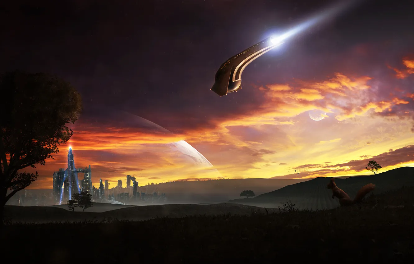 Photo wallpaper sunset, the city, field, ship, planet, protein, pioneer
