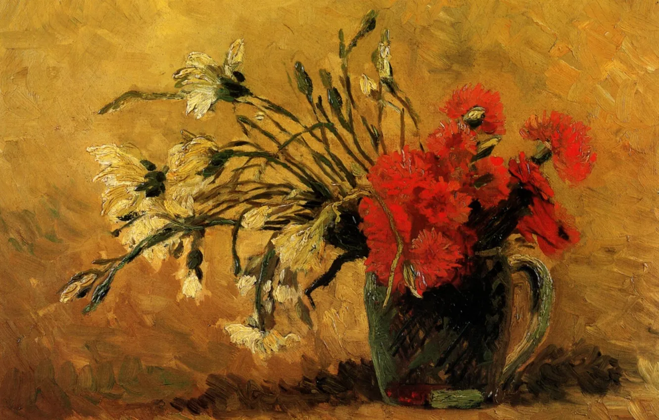 Photo wallpaper flowers, picture, red, vase, clove, Gogh, Vincent, van