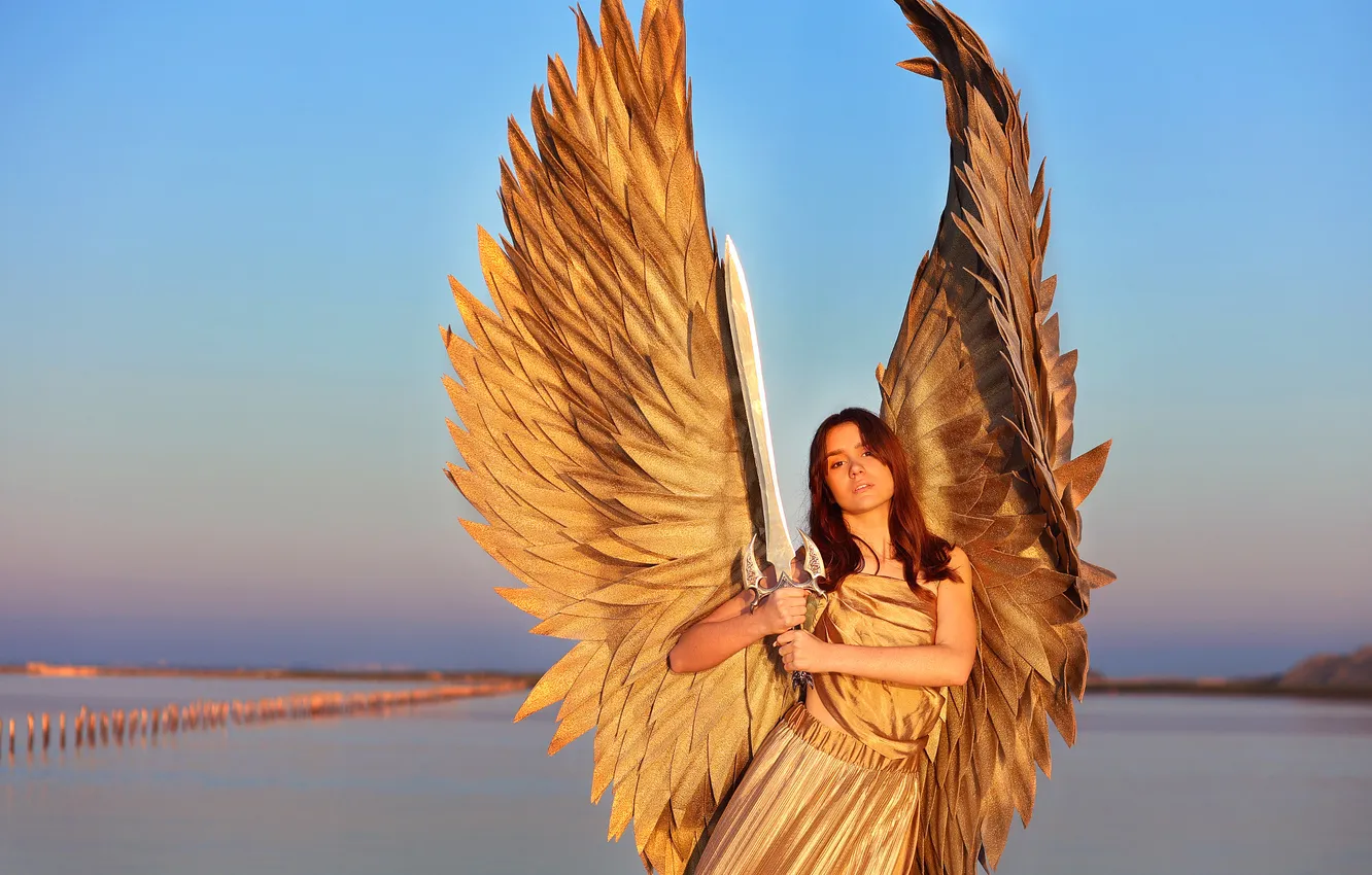 Photo wallpaper the sky, look, girl, style, wings, angel, sword, gold