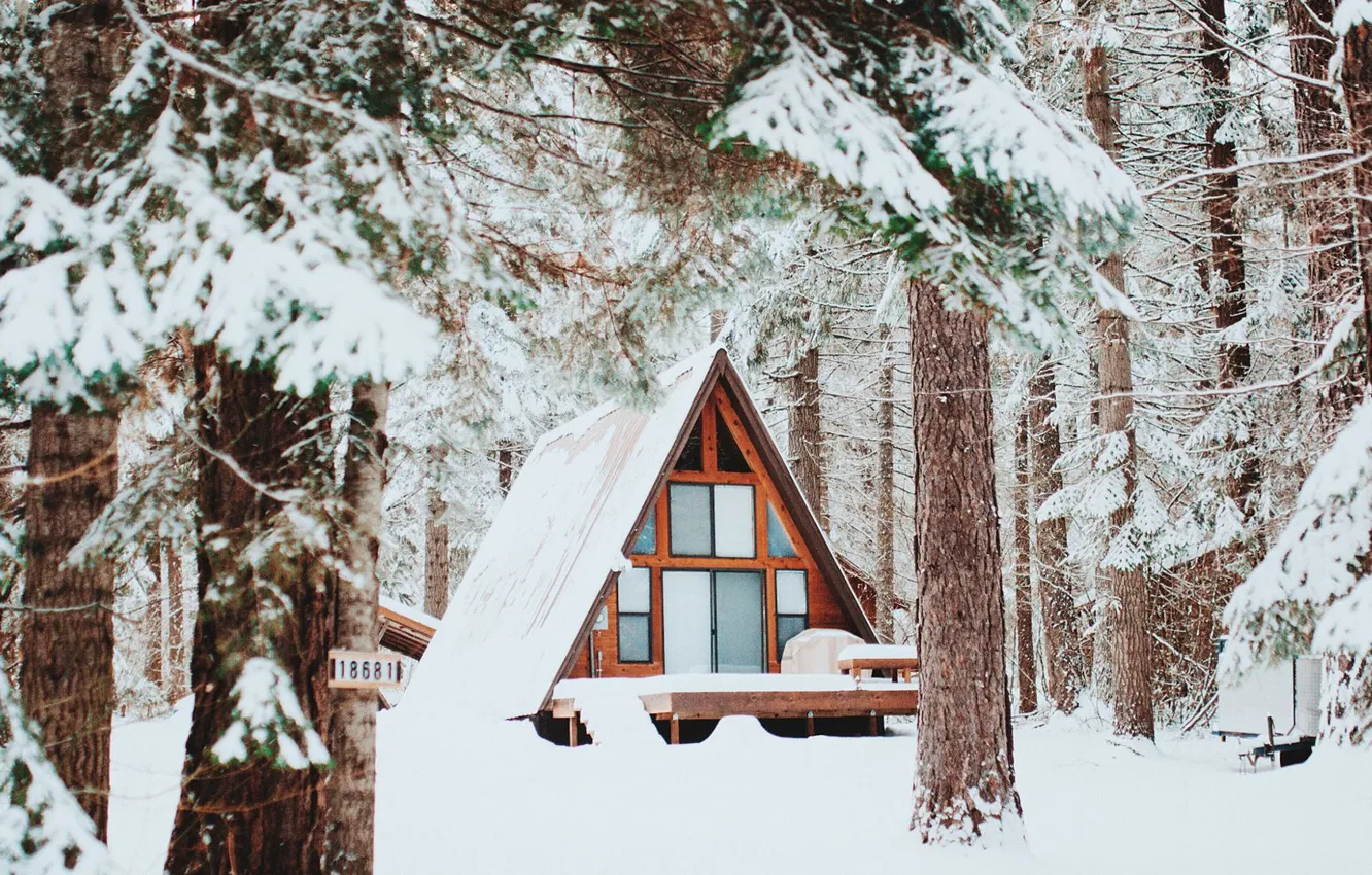 Photo wallpaper Snow, Snow, Winter Forest, Winter Forest, Wooden House, Wooden House