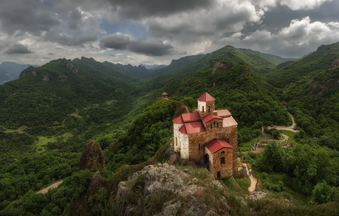 Photo wallpaper clouds, mountains, space, mountain landscape, Picturesque Landscape, Cloudy valley above the temple, Zakharov Armen