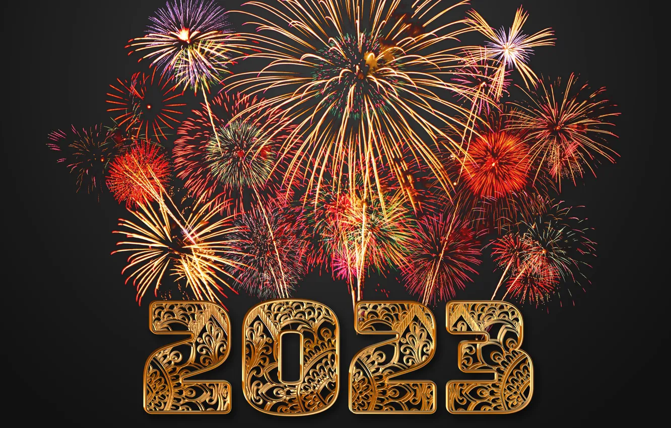 Photo wallpaper gold, salute, New Year, figures, golden, happy, New Year, fireworks