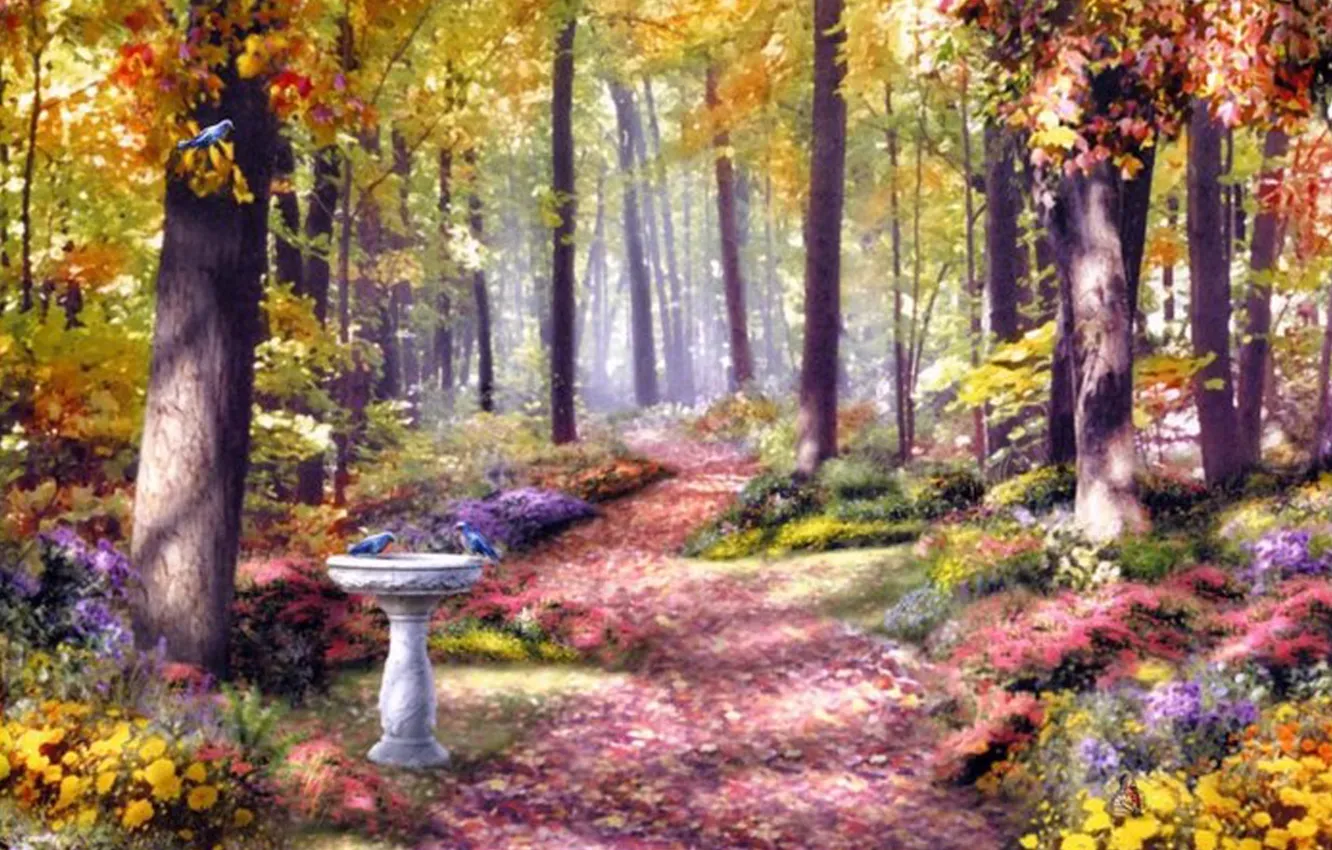 Photo wallpaper autumn, forest, trees, flowers, birds, nature, Park, figure