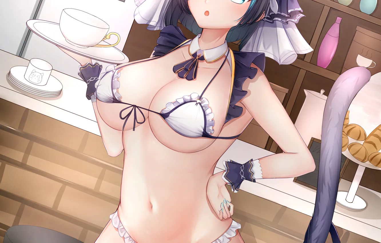 Photo wallpaper girl, sexy, lingerie, bra, cleavage, panties, green eyes, long hair