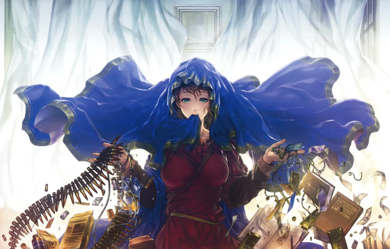 Photo wallpaper girl, anime, art, book, bullets, dropper, Hiroe Rei