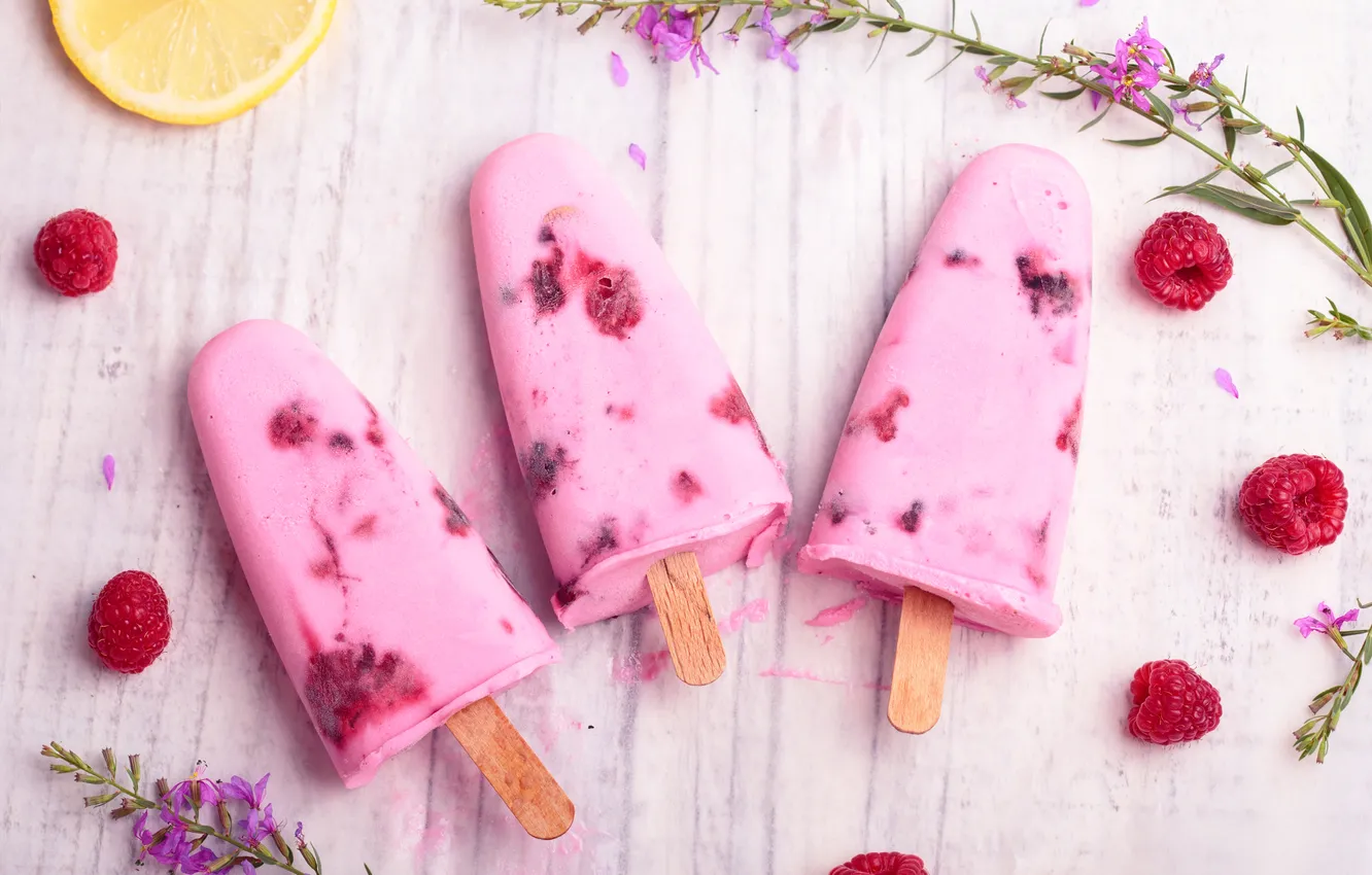 Photo wallpaper raspberry, ice cream, dessert, raspberry, ice cream, fruit