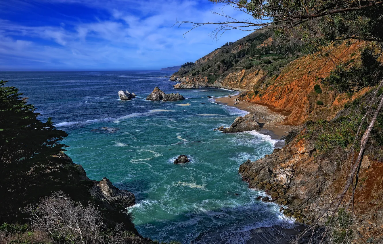 Photo wallpaper sea, the sky, trees, rocks, CA, USA