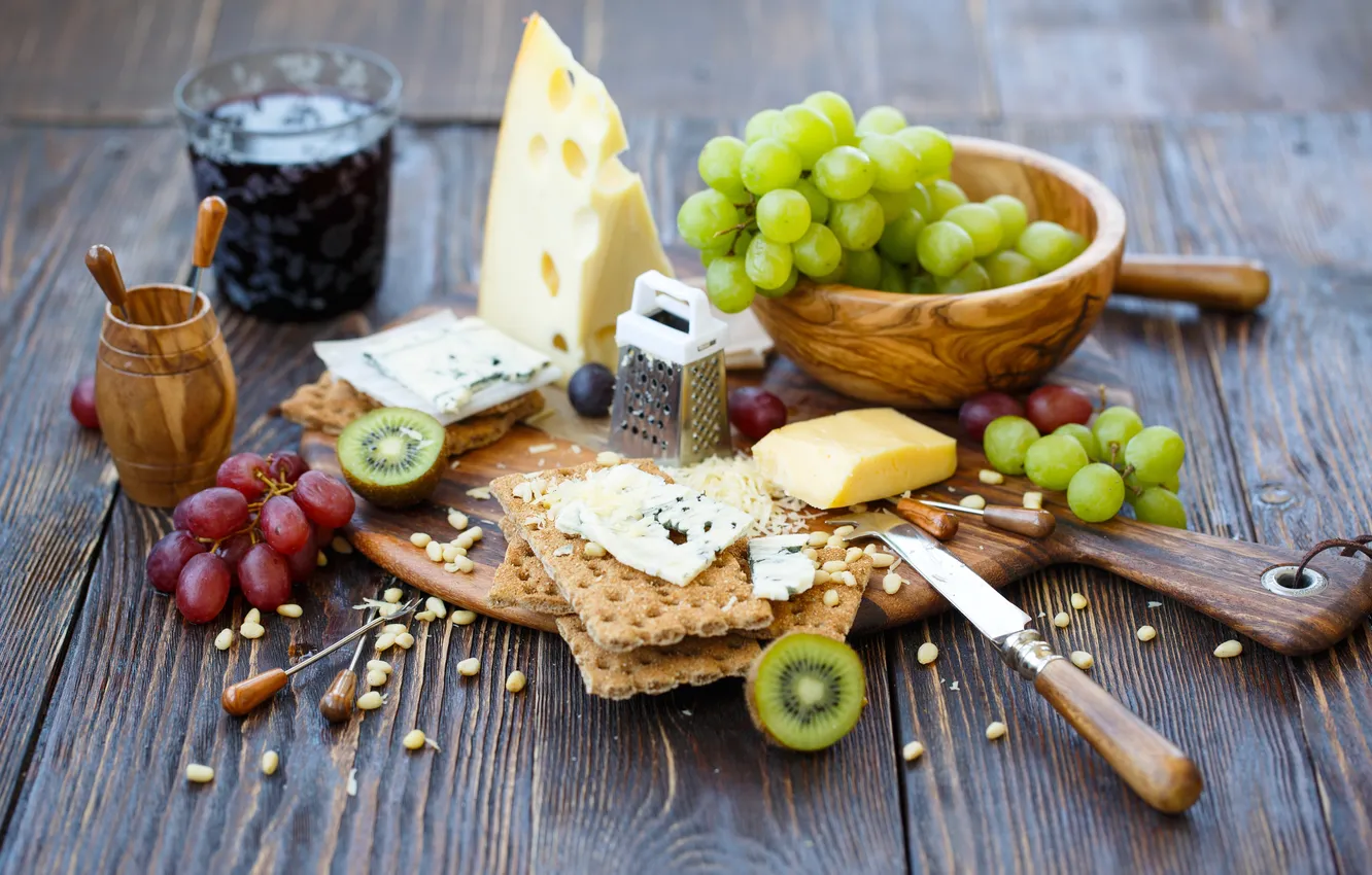 Photo wallpaper cheese, kiwi, cookies, grapes, Board, crackers, Julia Khusainova