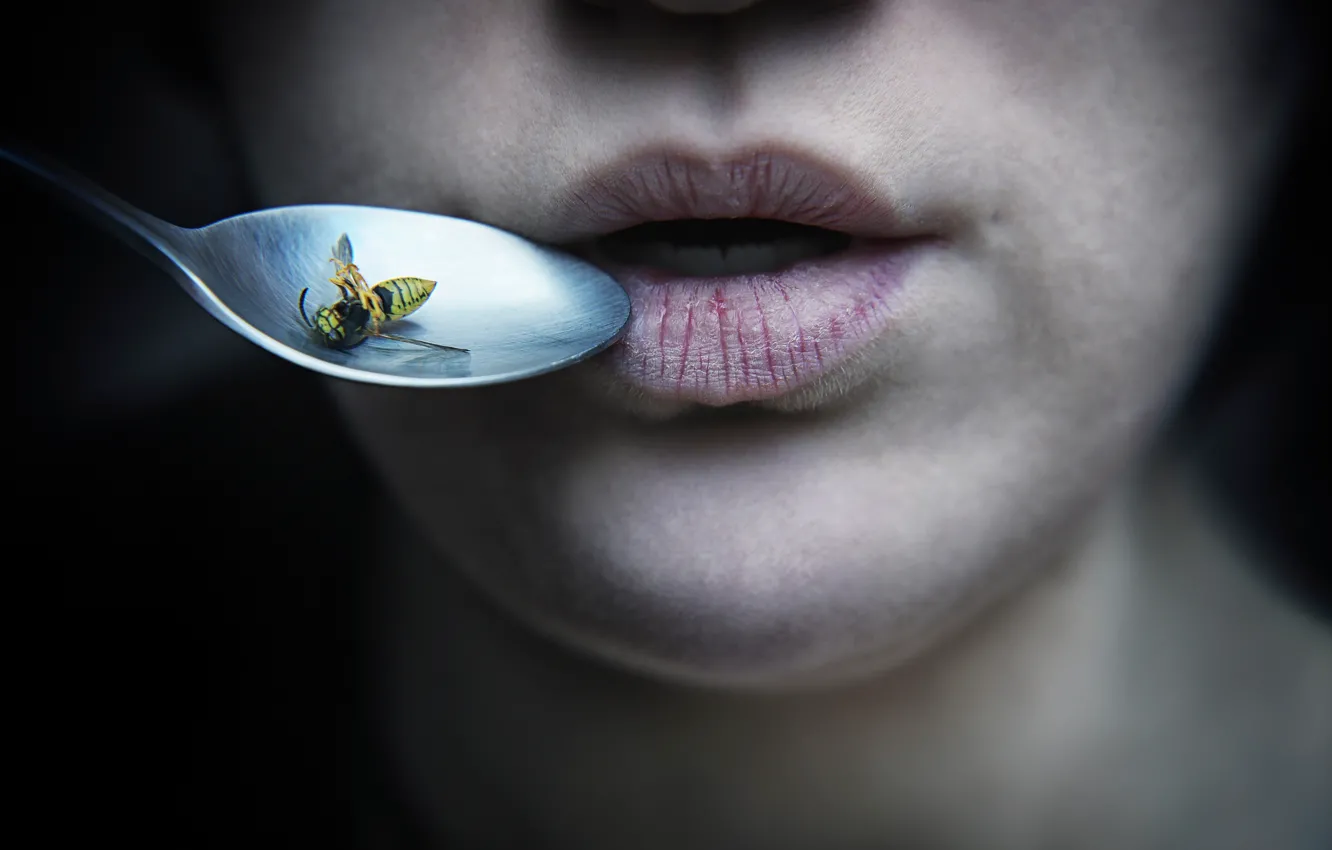 Photo wallpaper bee, lips, spoon