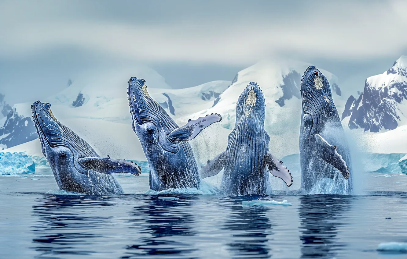 Photo wallpaper winter, sea, snow, pose, rocks, jump, kit, Quartet