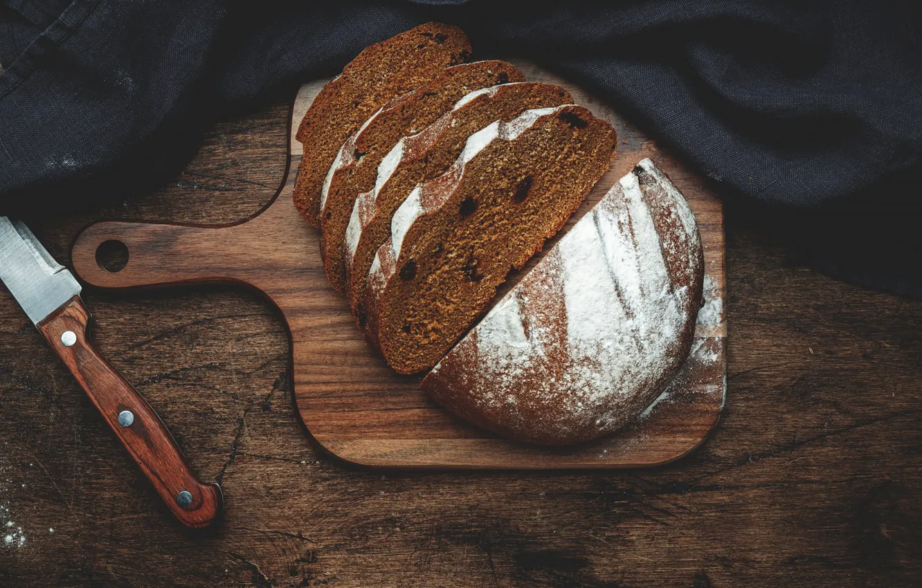 Photo wallpaper cutting Board, with raisins, Board, bread, knife, rye, fabric, cutting