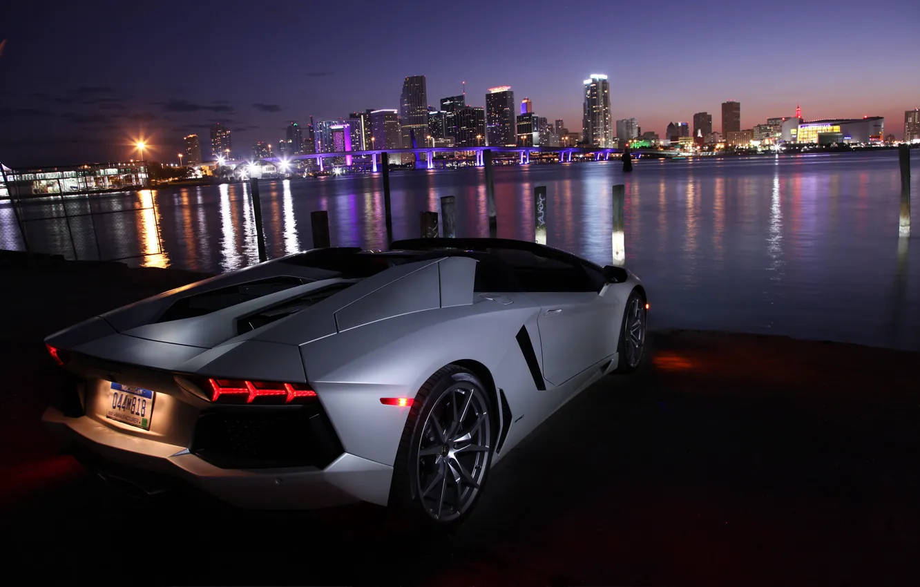 Photo wallpaper night, the city, lights, river, Roadster, Lamborghini, promenade, Aventador LP700-4