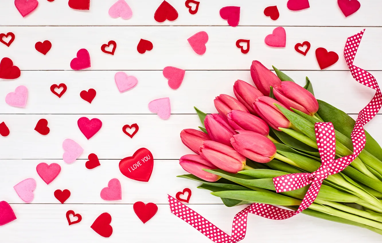 Photo wallpaper love, flowers, bouquet, hearts, tulips, love, pink, wood