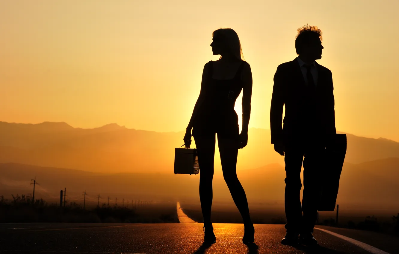 Photo wallpaper road, sunset, woman, male