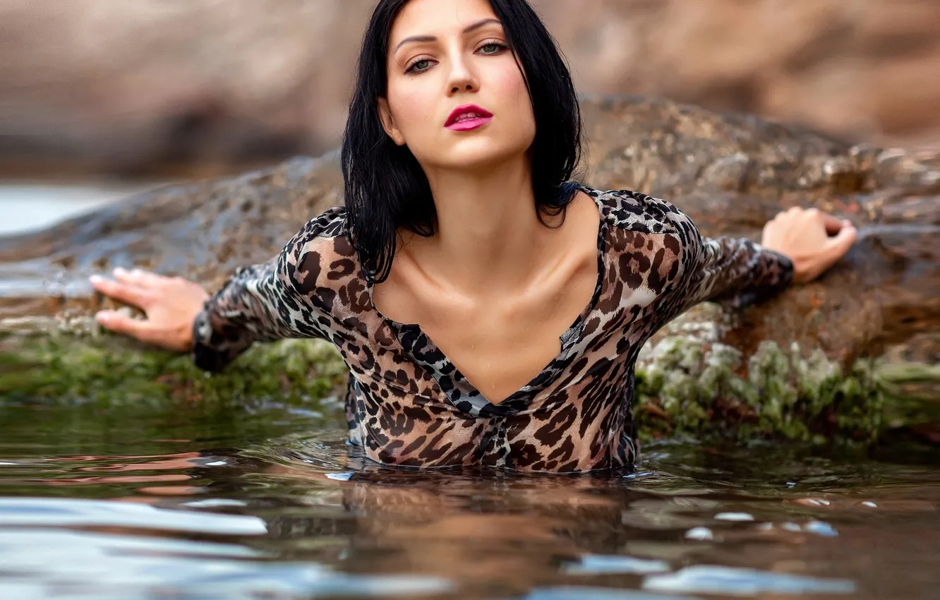 Photo wallpaper look, water, girl, pose, stones, hands, brunette, blouse