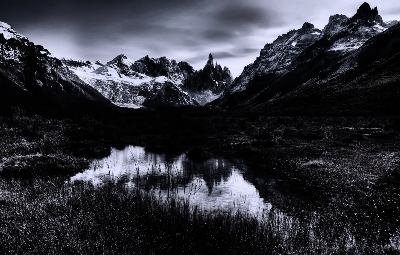 Photo wallpaper the sky, clouds, snow, mountains, nature, rocks, black and white, monochrome