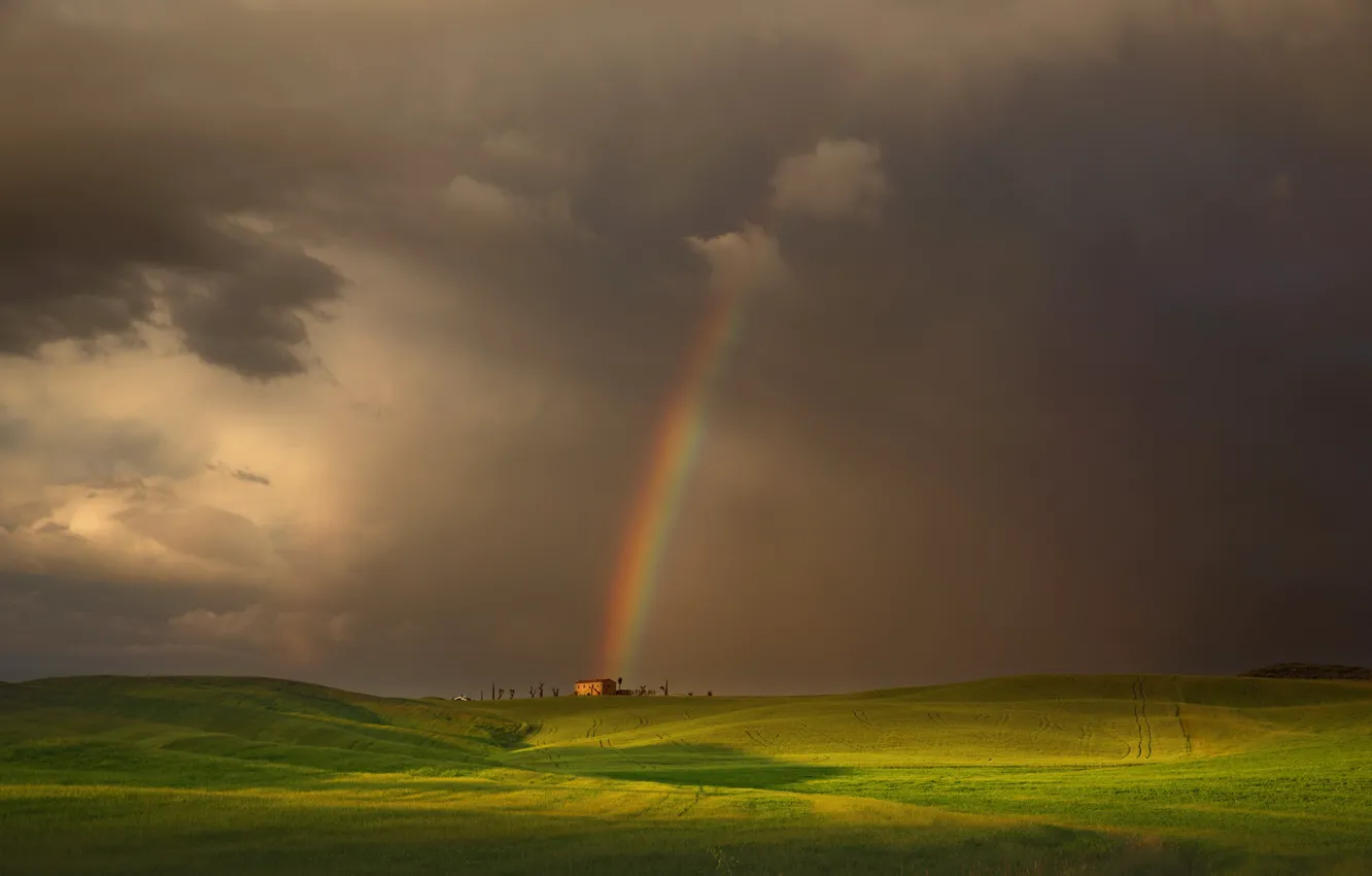 Photo wallpaper field, the sky, light, house, rainbow