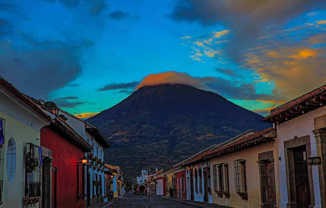 Photo wallpaper clouds, mountains, street, home, the volcano, Guatemala, Solola, San Andres-Semetabaj