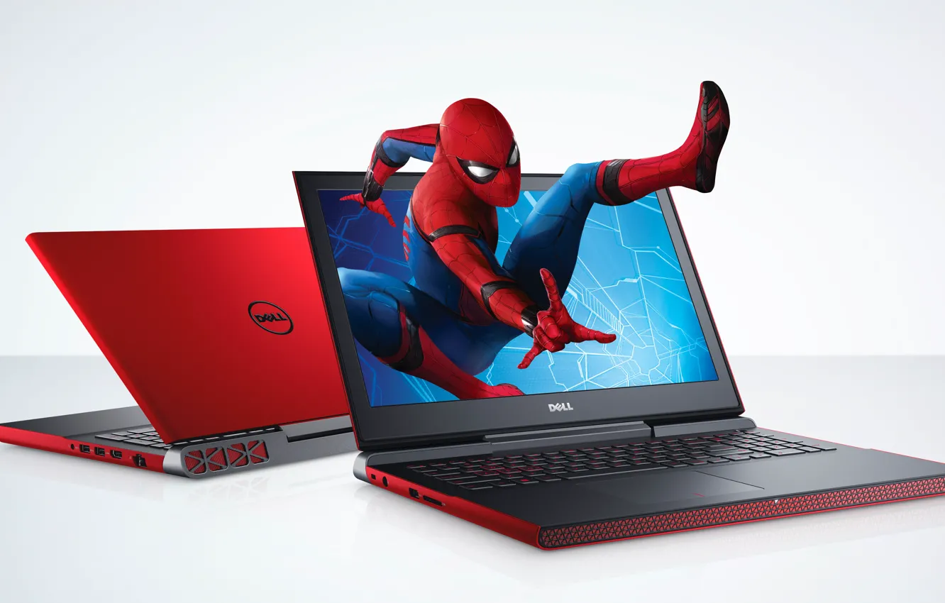 Photo wallpaper laptop, promo, Peter Parker, Spider Man, Dell, laptop, Tom Holland, Spider Man: Homecoming