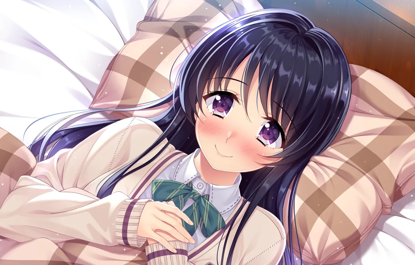 Photo wallpaper look, smile, pillow, girl, blanket, Uchi no Kanojo