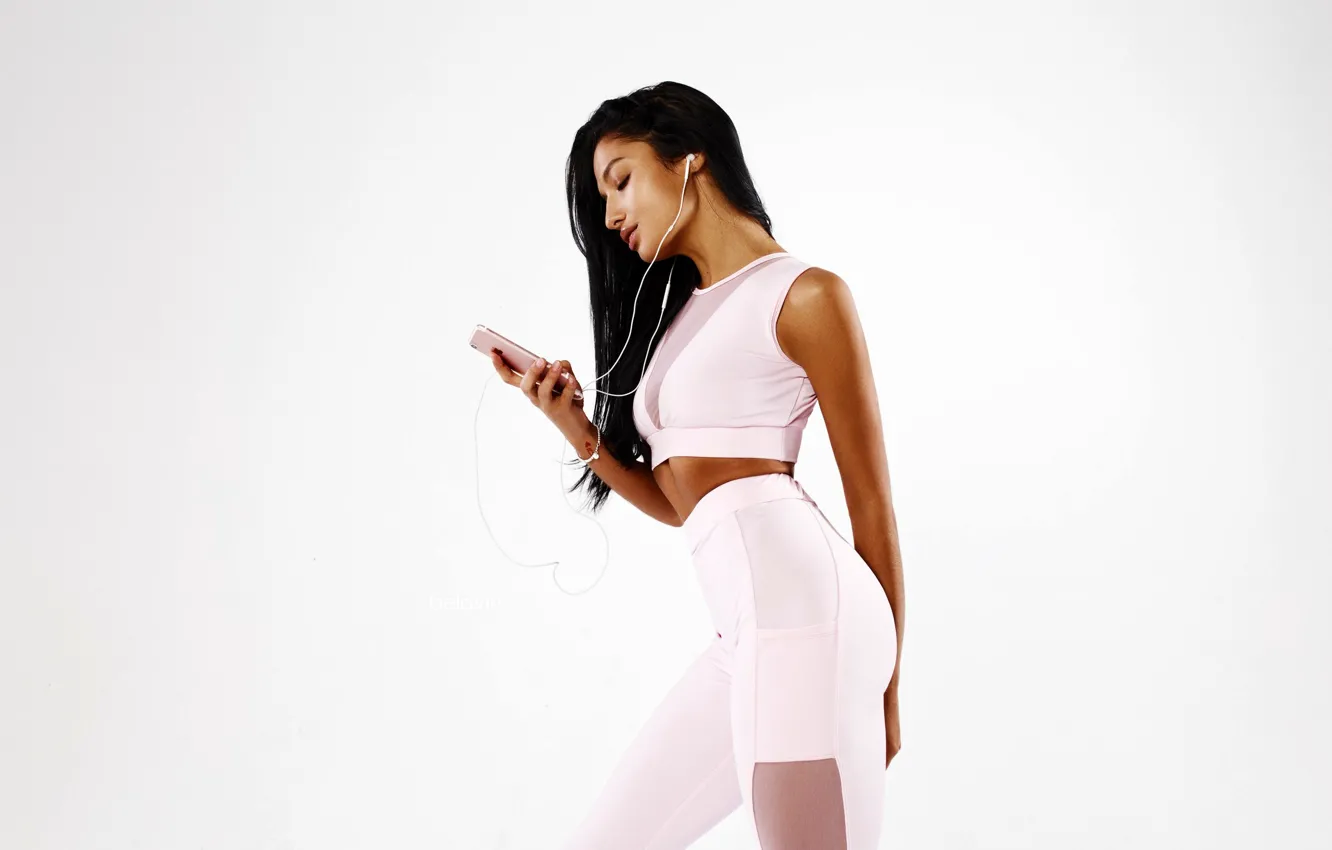 Photo wallpaper sexy, pose, makeup, headphones, Mike, figure, brunette, hairstyle