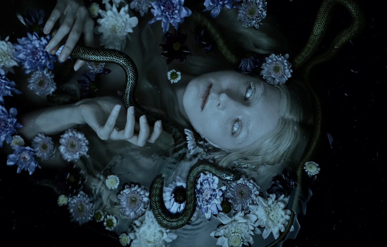 Photo wallpaper water, girl, flowers, face, pose, the dark background, fear, snake