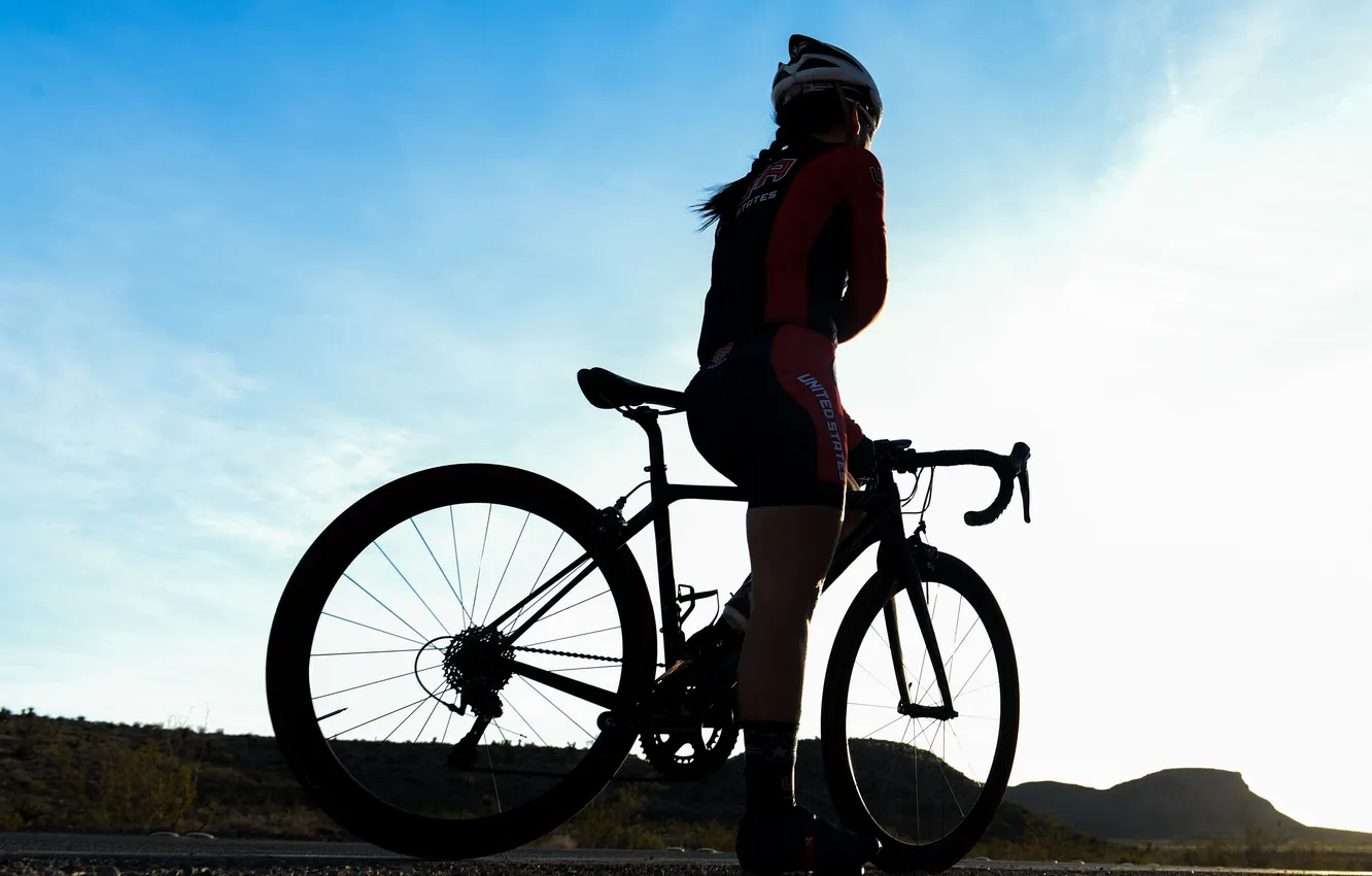 Photo wallpaper the sky, girl, bike, shadow