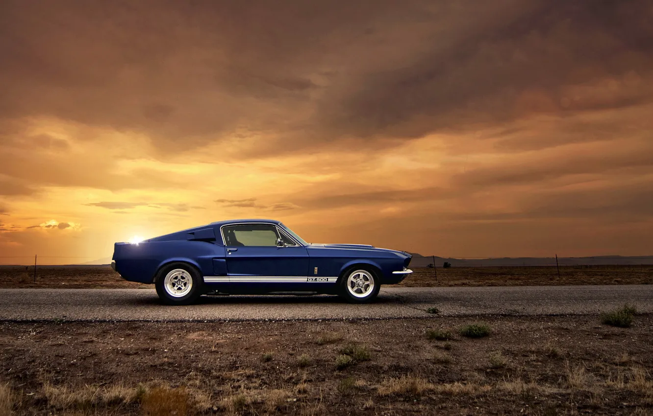 Photo wallpaper car, sunset, Ford, ford mustang, muscle car, gt500, rechange