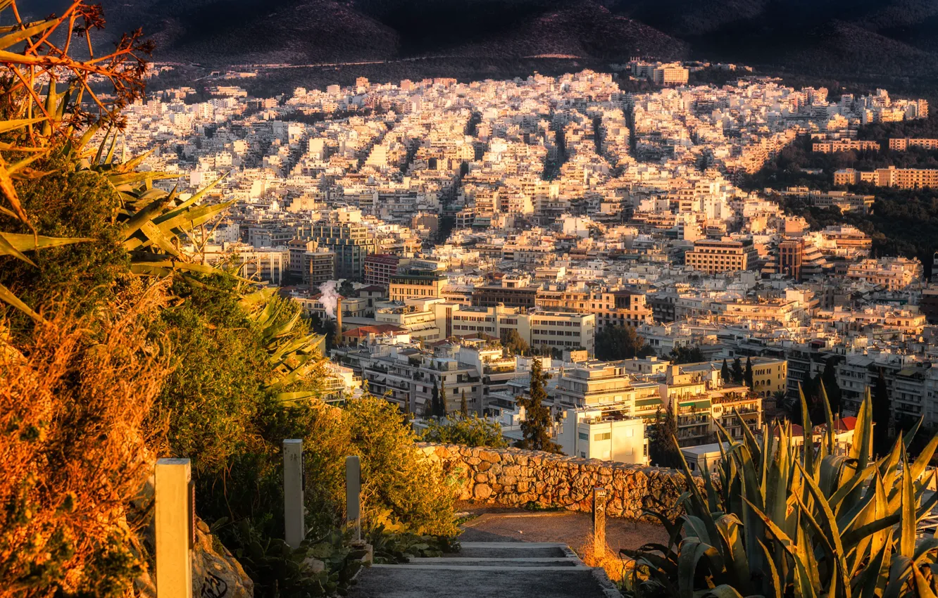 Photo wallpaper autumn, the sun, home, Greece, panorama, the view from the top, Athens