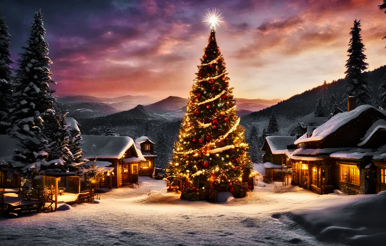 Photo wallpaper forest, the sky, clouds, light, sunset, mountains, lights, new year