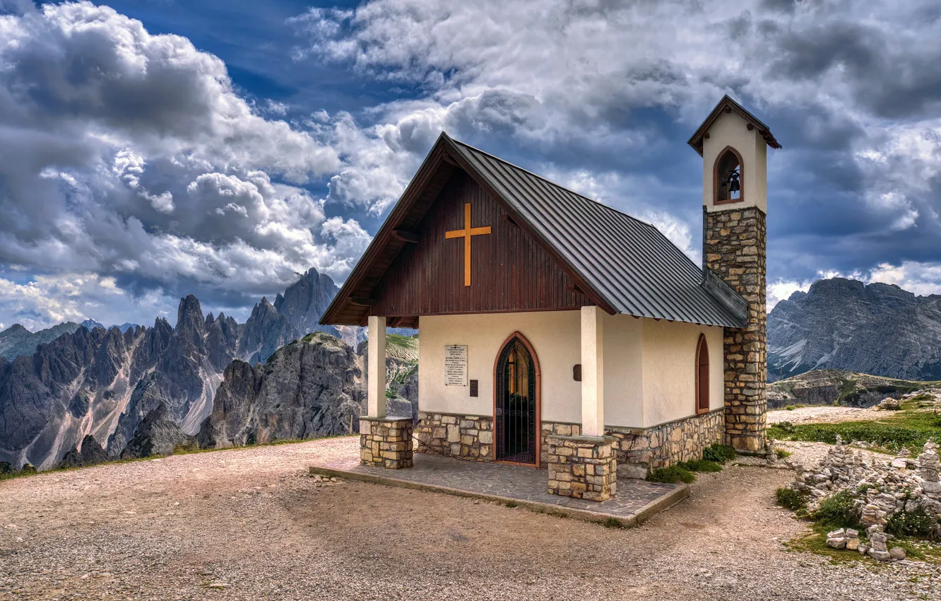 Photo wallpaper clouds, mountains, Italy, chapel