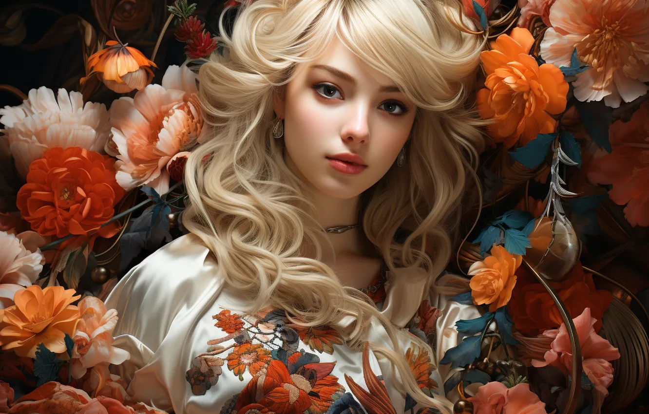 Photo wallpaper Flowers, Girl, Look, Blonde, Hair, Beautiful, Digital art, AI art
