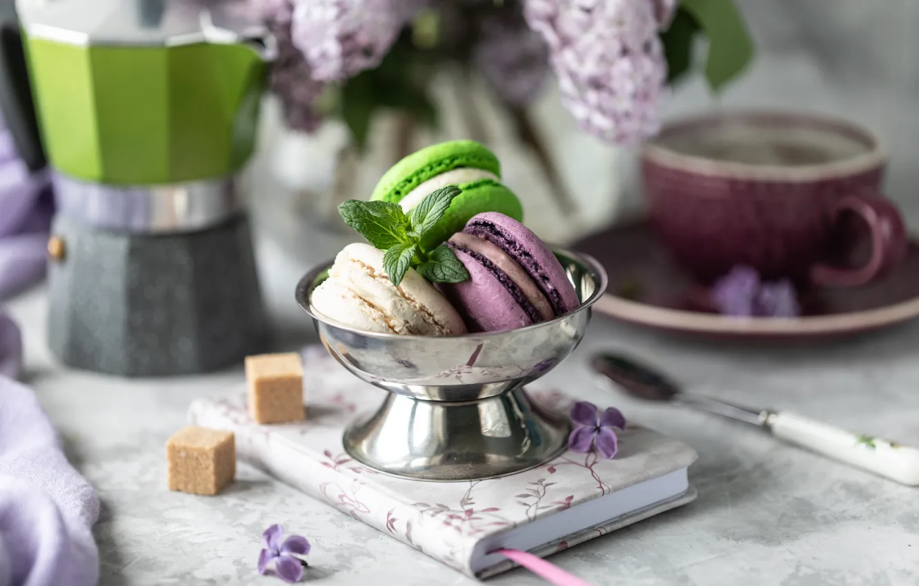 Photo wallpaper coffee, cookies, Cup, lilac, almond, Karina Klachuk