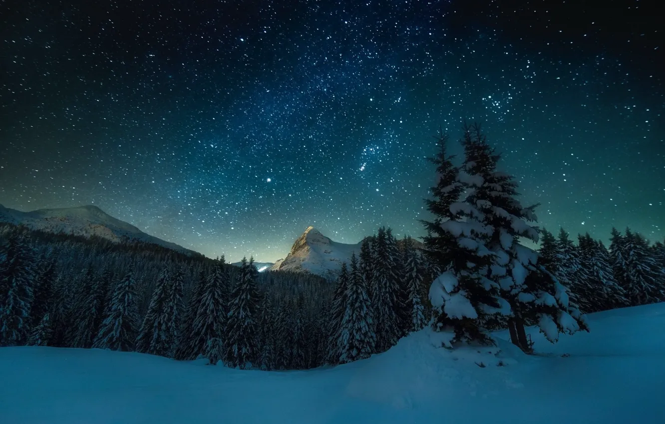Photo wallpaper mountains, night, starry sky