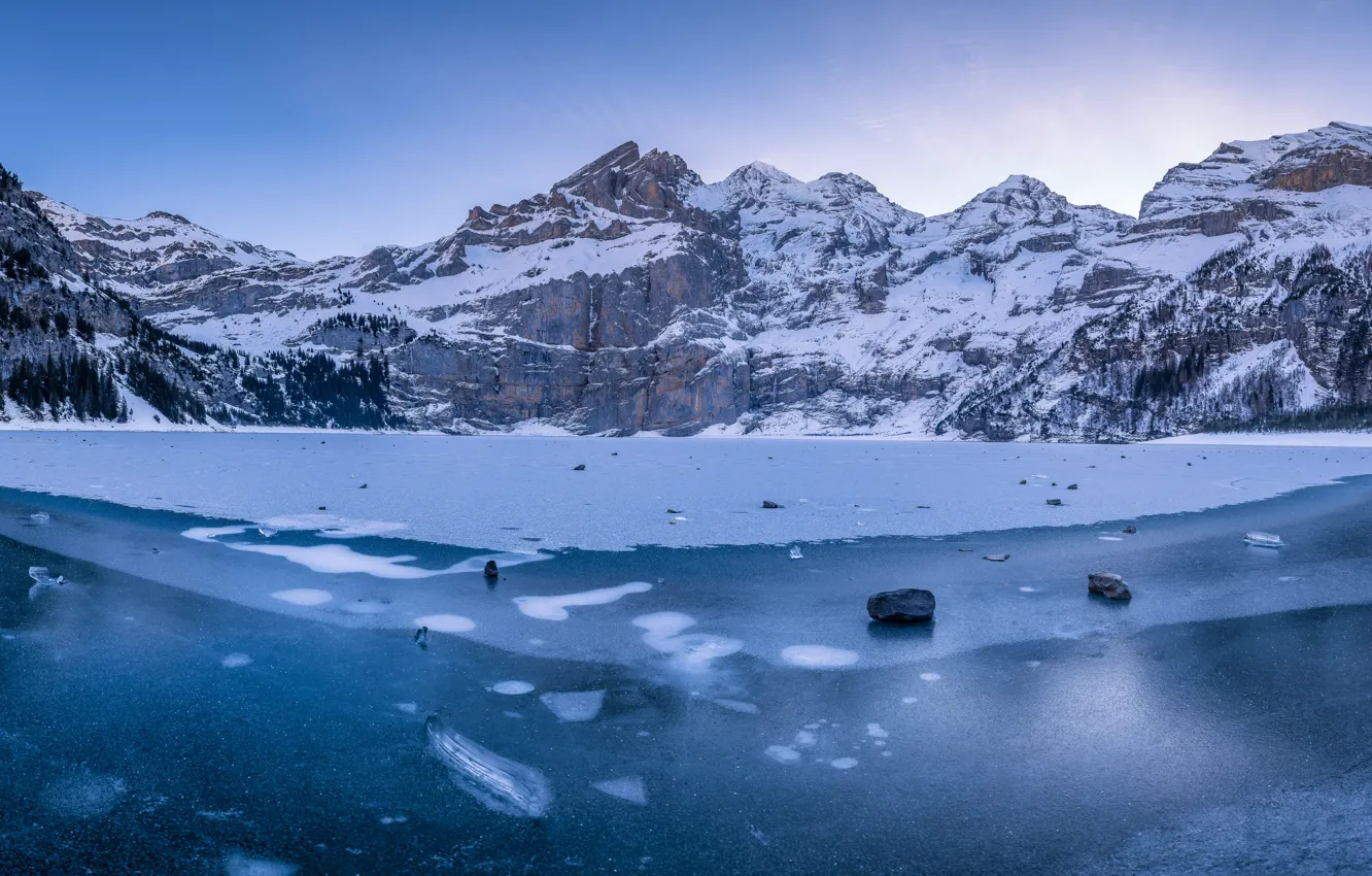 Photo wallpaper ice, winter, mountains, Switzerland, Switzerland, Bernese Alps, The Bernese Alps, Oeschinen Lake