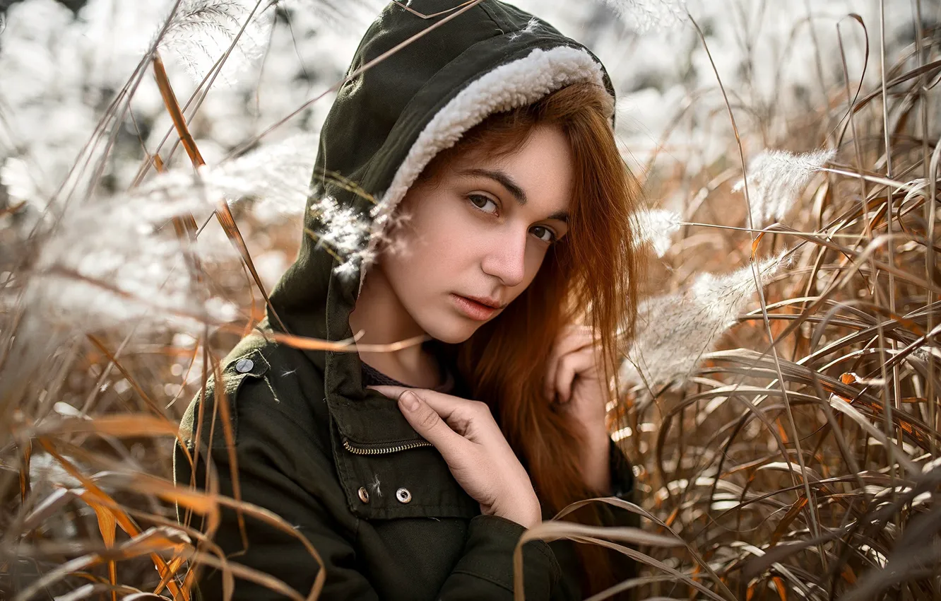 Photo wallpaper grass, look, face, sweetheart, model, portrait, jacket, hood