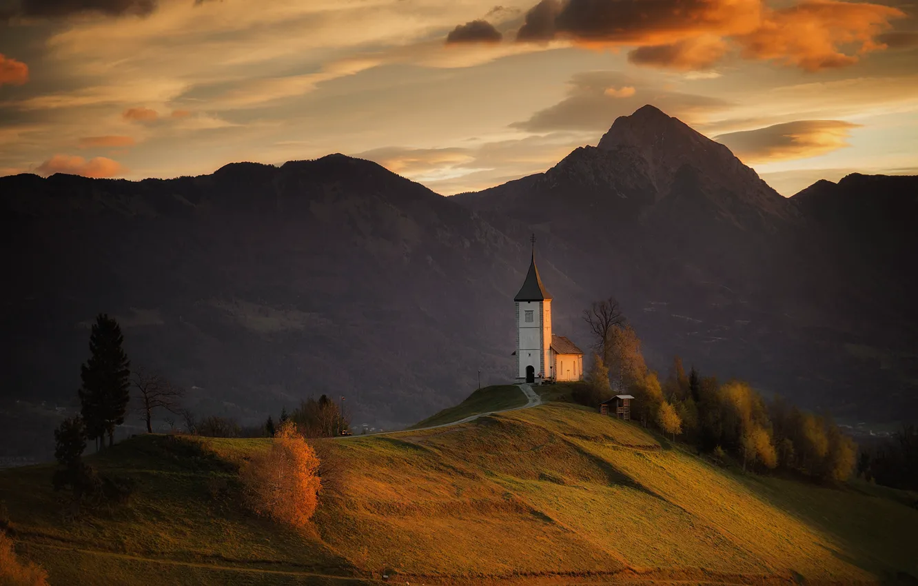 Photo wallpaper autumn, trees, landscape, mountains, nature, hills, village, morning