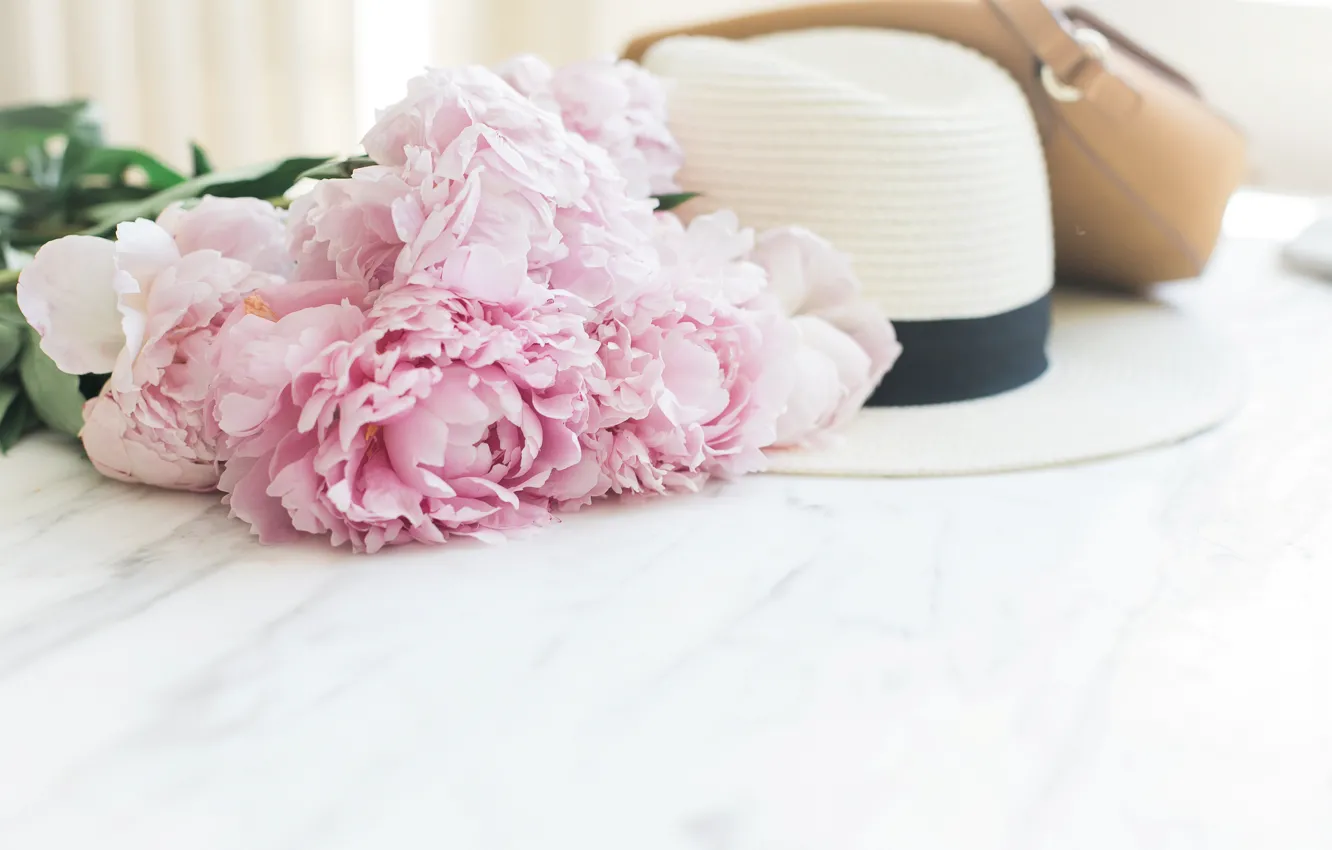 Photo wallpaper flowers, bouquet, hat, bag, pink, flowers, peonies, peonies